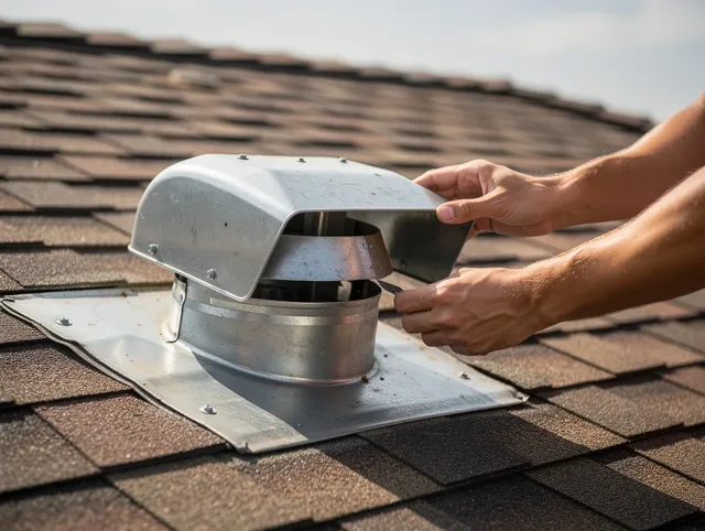 Fairview Park Dryer Vent Cleaning certified technician safely cleaning a roof-mounted dryer vent in Fairview Park