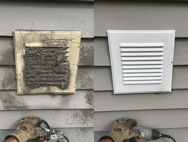 Fairview Park Dryer Vent Cleaning technician installing high-quality dryer vent cover at a residential property in Fairview Park