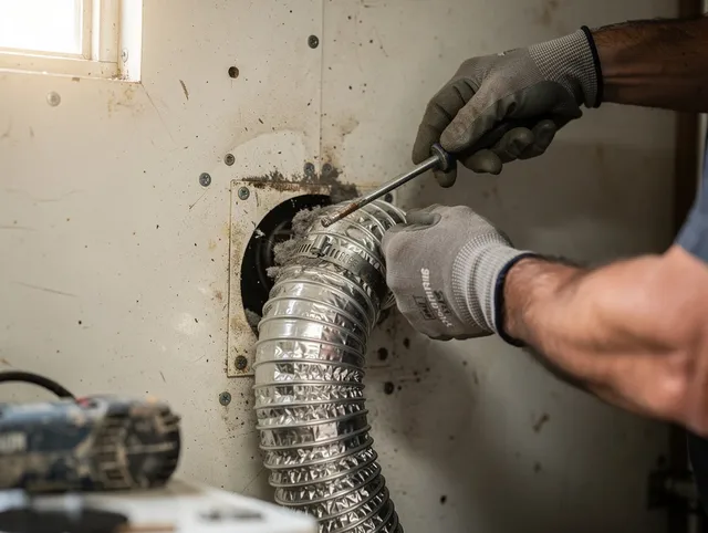 Fairview Park Dryer Vent Cleaning technician performing precise dryer vent hose installation in Fairview Park
